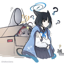 Rule 34 | 2girls, ?, ahoge, animal ears, apron, black choker, black eyes, black hair, blue archive, blue eyes, blue neckerchief, blue sailor collar, blue skirt, box, cardboard box, cat, cat ears, cat tail, choker, cropped torso, crossed arms, eyeshadow, gloom (expression), halo, haori, highres, japanese clothes, kikyou (blue archive), long sleeves, loose hair strand, maid apron, makeup, multiple girls, multiple tails, neckerchief, net, orange hair, pleated skirt, red eyeshadow, ribbon choker, sailor collar, shiny forehead, short hair, simple background, skirt, small sweatdrop, sneaking, tail, takeclaire, trembling, twitter username, two tails, white background, yuzu (blue archive), yuzu (maid) (blue archive)