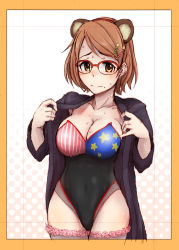 Rule 34 | 10s, 1girl, 3e, american flag, animal ears, blush, border, breasts, brown eyes, brown hair, cleavage, coat, covered navel, cowboy shot, embarrassed, fake animal ears, fishnet thighhighs, fishnets, flag print, floral print, glasses, hair ornament, hairband, hairclip, halftone, halftone background, idolmaster, idolmaster cinderella girls, kemonomimi mode, large breasts, leotard, long coat, looking at viewer, mole, nontraditional playboy bunny, nose blush, open clothes, open coat, orange eyes, pinky out, playboy bunny, raccoon ears, red-framed eyewear, short hair, solo, standing, star (symbol), star hair ornament, star print, strapless, strapless leotard, striped, sweat, swept bangs, thighhighs, tsuchiya ako, undressing, wide hips