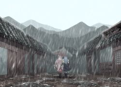 Rule 34 | 2girls, architecture, blue dress, blue hair, boots, commentary request, dress, east asian architecture, from behind, fujiwara no mokou, hair ribbon, human village (touhou), kamishirasawa keine, locked arms, long hair, mountainous horizon, mud, multiple girls, oil-paper umbrella, overcast, pants, partial commentary, pink hair, puddle, puffy short sleeves, puffy sleeves, rain, red pants, ribbon, rubber boots, shared umbrella, shirt, short sleeves, sky, sunnysideup, touhou, umbrella, very long hair, walking away, white shirt, wide shot, yuri