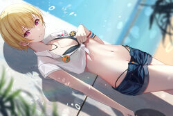 Rule 34 | 1girl, bare arms, bikini, bikini under clothes, black bikini, blonde hair, blue shorts, blurry, blurry background, blurry foreground, bracelet, breasts, cleavage, collarbone, crop top, day, denim, denim shorts, dutch angle, hair between eyes, highres, idolmaster, idolmaster shiny colors, jewelry, looking at viewer, medium breasts, necklace, outdoors, parted lips, red eyes, saijo juri, shirt, short hair, short shorts, short sleeves, shorts, sikimosh, solo, standing, swimsuit, tied shirt, white shirt