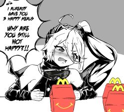 Rule 34 | 1girl, ahoge, angry, blush, clenched hands, commentary, english commentary, english text, frown, girls&#039; frontline, goggles, goggles around neck, hair between eyes, happy meal, highres, jacket, long hair, mcdonald&#039;s, meme, monochrome, nym+ (nymplus), off shoulder, open mouth, pkp (girls&#039; frontline), ponytail, scrunchie, side ponytail, solo, spot color