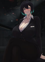 Rule 34 | 1girl, allmind (armored core 6), aqua eyes, aqua hair, armored core, armored core 6, black hair, blurry, blurry background, bob cut, breasts, cleavage, curvy, glowing, glowing eyes, grin, hair between eyes, highres, huge breasts, long sleeves, looking at viewer, multicolored hair, necktie, office lady, open clothes, pantyhose, personification, shirt, short hair, sitting, skirt, smile, smirk, solo, unworn necktie, zer0.zer0