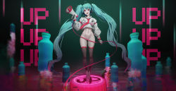 Rule 34 | 1girl, :d, absurdres, ahoge, ankle boots, aqua hair, black thighhighs, bodysuit, boots, bottle, breasts, cable, convenient censoring, crop top, fishnet bodysuit, fishnet thighhighs, fishnets, full body, gloves, gluteal fold, gradient background, green background, hatsune miku, headphones, highres, holding, large breasts, long hair, long sleeves, looking at viewer, matmaj, megaphone, navel, open mouth, pussy, pussy peek, red eyes, sharp teeth, smile, solo, standing, stomach, teeth, thighhighs, twintails, upper teeth only, very long hair, vocaloid, white footwear, white gloves