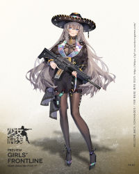 Rule 34 | 1girl, assault rifle, blue eyes, breasts, character name, choker, commentary request, fx-05 (girls&#039; frontline), fx-05 xiuhcoatl, girls&#039; frontline, grey hair, gun, hat, high heels, highres, jacket, large breasts, long hair, mexican dress, mexico, miyazakisoul, official art, rifle, solo, sombrero, sweater, thighhighs, trigger discipline, weapon