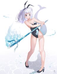Rule 34 | 1girl, absurdres, animal ears, black leotard, blue eyes, blue hair, blue tail, closed mouth, fake animal ears, fins, fish tail, flat chest, full body, gawr gura, headband, high heels, highres, holding trident, hololive, hololive english, latex, latex leotard, leotard, looking at viewer, medium hair, multicolored hair, playboy bunny, polearm, rabbit ears, shark girl, shark tail, simple background, smile, solo, standing, strapless, strapless leotard, streaked hair, tachibana shiori (suica 112), tail, trident, v, virtual youtuber, weapon, white background, white hair