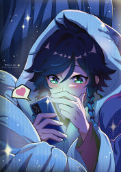 Rule 34 | 1boy, absurdres, black hair, blanket, blue hair, blush, braid, cellphone, closed mouth, covering own mouth, genshin impact, gradient hair, green eyes, hand over own mouth, heart, heart-shaped pupils, highres, holding, holding phone, lkari shi, long sleeves, male focus, multicolored hair, phone, smartphone, smile, solo, symbol-shaped pupils, twin braids, venti (genshin impact)