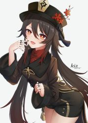 Rule 34 | 1girl, :d, black hair, black hat, black nails, black shirt, black shorts, chinese clothes, cowboy shot, detached sleeves, fang, flower, genshin impact, hand up, hat, hat flower, highres, hu tao (genshin impact), jewelry, kiz mk, leaning forward, long hair, long sleeves, looking at viewer, nail polish, open mouth, qingdai guanmao, red eyes, red shirt, ring, shirt, short shorts, shorts, simple background, smile, solo, standing, star-shaped pupils, star (symbol), symbol-shaped pupils, tassel, thighs, turtleneck, twintails, undershirt, very long hair, waist cape, white background