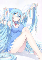 Rule 34 | 1girl, absurdly long hair, aged up, alternate hair length, alternate hairstyle, armpits, bad id, bad pixiv id, bare legs, barefoot, blue dress, blue eyes, blue hair, blue skirt, bow, breast press, breasts, cirno, cirno-nee, cleavage, dress, hair bow, hand in own hair, highres, holding, holding own hair, ice, ice wings, impossible clothes, impossible shirt, large breasts, legs, long hair, matching hair/eyes, shirt, simple background, sitting, skirt, solo, touhou, very long hair, wings, yamada ranga