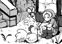 Rule 34 | 1boy, boots, brick wall, building, cucco, day, fairy, fairy wings, flower, greyscale, highres, hood, knee boots, link, looking at animal, looking away, monochrome, navi, nintendo, numbers (pigpenandpaper), outdoors, parted bangs, parted lips, shield, shield on back, short sleeves, sketch, squatting, stairs, stone stairs, sword, sword behind back, the legend of zelda, the legend of zelda: ocarina of time, tunic, weapon, weapon on back, wings, young link