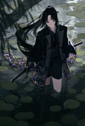 Rule 34 | 1girl, backlighting, black hair, branch, closed mouth, facial scar, floating clothes, from above, full body, hair ribbon, hakama, hakama shorts, haori, head tilt, highres, holding, holding weapon, in water, japanese clothes, katana, kazari tayu, light particles, light smile, lily pad, long hair, long sleeves, looking at viewer, night, original, ponytail, purple eyes, reflection, reflective water, ribbon, scar, scar on cheek, scar on face, sheath, shorts, solo, sword, very long hair, wading, walking, water, weapon, wet, wet clothes, wide sleeves