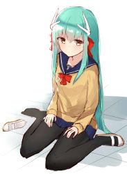 Rule 34 | 1girl, arms at sides, black pantyhose, blue skirt, blush, brown eyes, brown sweater, closed mouth, fate/grand order, fate (series), green hair, hands on own thighs, hands on thighs, highres, kanase (mcbrwn18), kiyohime (fate), long hair, looking at viewer, miniskirt, pantyhose, pleated skirt, school uniform, serafuku, shoes, unworn shoes, single shoe, sitting, skirt, smile, solo, sweater, tile floor, tiles, uwabaki, very long hair, wariza