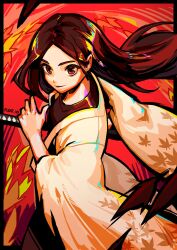 Rule 34 | 1girl, brown eyes, brown hair, commentary, english commentary, haori, highres, japanese clothes, katana, leaf print, long hair, original, pikat, signature, solo, sword, weapon