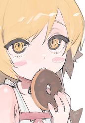 Rule 34 | 1girl, bare shoulders, blonde hair, blush stickers, close-up, dot nose, doughnut, expressionless, eyelashes, eyes visible through hair, food, food in mouth, from side, hand up, holding, holding food, long hair, looking at viewer, monogatari (series), nisemonogatari, oshino shinobu, parted lips, portrait, simple background, sketch, sleeveless, slit pupils, solo, swept bangs, tsurime, uomi (eqtjc), white background, yellow eyes