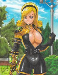 Rule 34 | 1girl, 2021, blonde hair, bodysuit, breasts, bush, choker, cleavage, gloves, grass, highres, large breasts, lien neville, no bra, outdoors, park, ravernclouk design, snk, solo, the king of fighters, tree, unzipped bodysuit