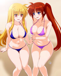 Rule 34 | 2girls, arm support, bare arms, bare legs, bare shoulders, beach, bikini, blonde hair, blue bikini, blue eyes, blush, breasts, brown hair, cleavage, collarbone, commentary request, commission, day, engo (aquawatery), fate testarossa, feet out of frame, gluteal fold, halterneck, highres, jewelry, large breasts, long hair, looking to the side, lyrical nanoha, mahou shoujo lyrical nanoha strikers, multiple girls, navel, open mouth, outdoors, pixiv commission, purple bikini, red eyes, ring, side ponytail, sitting, smile, stomach, string bikini, swimsuit, takamachi nanoha, thigh gap, very long hair, wedding ring, wife and wife
