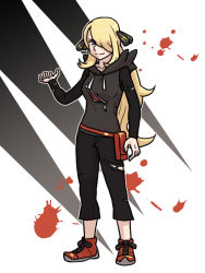 Rule 34 | 1girl, black pants, blonde hair, breasts, closed mouth, cosplay, creatures (company), cynthia (pokemon), feet, female focus, full body, game freak, gladion (cosplay), gladion (pokemon), gladion (pokemon) (cosplay), habatakuhituji, hair over one eye, hand up, hood, hoodie, long hair, looking at viewer, medium breasts, nintendo, pants, pink eyes, pokemon, pokemon dppt, pokemon sm, shirt, shoes, simple background, smile, sneakers, solo, standing, torn clothes, torn shirt