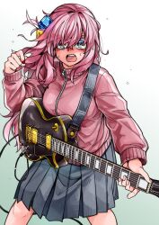Rule 34 | 1girl, absurdres, black skirt, blue eyes, bocchi the rock!, breasts, cube hair ornament, gotoh hitori, gradient background, green background, guitar, hair ornament, hair over eyes, highres, holding, holding instrument, instrument, jacket, large breasts, long hair, long sleeves, music, one side up, open mouth, pink hair, pink jacket, playing instrument, pleated skirt, skirt, solo, tadd (tatd)