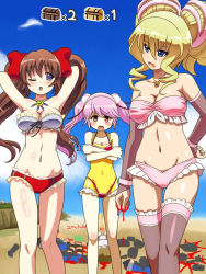 Rule 34 | 3girls, :o, arms behind head, awa, bikini, blonde hair, blood, blood on hands, blue eyes, blush, bracelet, breasts, brown hair, casual one-piece swimsuit, cloud, cloudy sky, crossed arms, day, drill hair, elbow gloves, frilled bikini, frilled legwear, frilled swimsuit, frills, gameplay mechanics, gloves, hair bobbles, hair ornament, hand on own hip, headgear, jewelry, layered bikini, layered swimsuit, lilia (sennen sensou aigis), long hair, looking at another, looking at viewer, looking back, medium breasts, micro bikini, multiple girls, necklace, one-piece swimsuit, one eye closed, outdoors, pink hair, pink legwear, sennen sensou aigis, sherry (sennen sensou aigis), sky, small breasts, standing, strapless, strapless bikini, swimsuit, themis (sennen sensou aigis), thighhighs, translated, twin drills, twintails