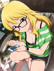 Rule 34 | 1girl, ahoge, barefoot, black-framed eyewear, blonde hair, breasts, cellphone, chair, cleavage, commentary request, feet, glasses, green eyes, green nails, hoshii miki, idolmaster, idolmaster (classic), jabara tornado, long hair, nail polish, phone, photo background, shirt, simple background, sitting, smartphone, smile, solo, striped clothes, striped shirt, white background