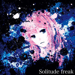 Rule 34 | abstract background, album cover, blue eyes, cover, english text, hair between eyes, light frown, long hair, megurine luka, meola, paint splatter, pink hair, third-party source, vocaloid