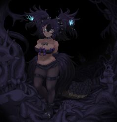 Rule 34 | 1girl, animal ear fluff, animal ears, arms behind back, bare shoulders, belt, big hair, black hair, black shorts, blue fire, breasts, brown pantyhose, buttons, cerberus (kemono friends), cleavage, closed mouth, collar, dark, dog ears, facial mark, fire, full body, glowing, glowing eyes, glowing hair, green eyes, highres, irimo (knhg3432), jewelry, kemono friends, large breasts, lipstick, lizard tail, long tail, looking at viewer, makeup, multicolored hair, navel, pantyhose, pantyhose under shorts, parted bangs, pendant, purple hair, purple lips, shoes, short shorts, shorts, skindentation, slit pupils, smile, solo, spiked collar, spiked shoes, spikes, stomach, strapless, tail, thigh belt, thigh strap, tube top, two side up, unbuttoned, walking