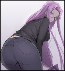 Rule 34 | 1girl, ass, bad id, bad twitter id, bent over, black sweater, breasts, closed mouth, fate/stay night, fate (series), forehead, glasses, grey pants, hair intakes, large breasts, long hair, long sleeves, looking at viewer, looking back, low-tied long hair, medusa (fate), medusa (rider) (fate), mobu, official alternate costume, pants, parted bangs, purple eyes, purple hair, sidelocks, simple background, solo, sweater, very long hair, white background, wide hips