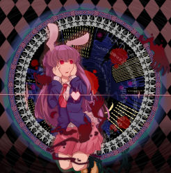 Rule 34 | 1girl, animal ears, blazer, blood, dress shirt, female focus, hands on own cheeks, hands on own face, heart, jacket, long hair, mintmochi (artist), mochinabe, necktie, purple hair, rabbit ears, rabbit girl, rabbit tail, red eyes, red necktie, reisen udongein inaba, shirt, skirt, solo, tail, touhou, white background