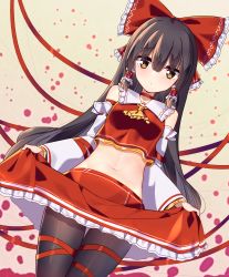 Rule 34 | 1girl, ascot, bare shoulders, black hair, black pantyhose, bow, brown eyes, choker, closed mouth, clothes lift, cowboy shot, crop top, ddt (darktrident), detached sleeves, dutch angle, frills, hair between eyes, hair bow, hair tubes, hakurei reimu, highres, japanese clothes, lifting own clothes, long hair, long sleeves, looking at viewer, midriff, miniskirt, navel, pantyhose, red bow, red choker, red ribbon, red shirt, red skirt, ribbon, shirt, skirt, skirt lift, solo, standing, stomach, touhou, very long hair, wide sleeves