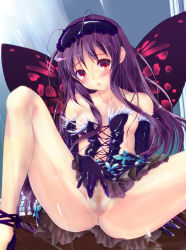 Rule 34 | 10s, 1girl, accel world, antenna hair, anus, bare legs, bare shoulders, black hair, blush, breasts, bug, butterfly, butterfly wings, censored, elbow gloves, gloves, highres, insect, insect wings, kuroyukihime, long hair, long legs, looking at viewer, navel, nipples, open mouth, pussy, red eyes, small breasts, solo, spread legs, spread pussy, wings, yagami shuuichi