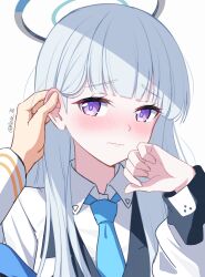 Rule 34 | 1boy, 1girl, blue archive, blue necktie, blunt bangs, blush, closed mouth, collared shirt, ear blush, furrowed brow, grey hair, hair behind ear, halo, hand on another&#039;s ear, highres, long hair, long sleeves, looking at viewer, necktie, noa (blue archive), pov, pov hands, purple eyes, reia 76, sensei (blue archive), shirt, twitter username, white background, white shirt