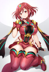 Rule 34 | 1girl, absurdres, agira, black gloves, bodysuit, breasts, chest jewel, earrings, fingerless gloves, gloves, hair between eyes, highres, jewelry, large breasts, looking at viewer, pyra (xenoblade), red bodysuit, red eyes, red footwear, red hair, red shorts, red thighhighs, shorts, smile, solo, swept bangs, thighhighs, thighs, tiara, xenoblade chronicles (series), xenoblade chronicles 2