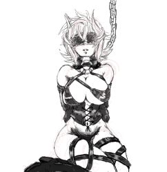 Rule 34 | 1girl, arms behind back, bare shoulders, bdsm, blindfold, bondage, boots, bound, breasts, c-string, chain, character request, cleavage, corset, elbow gloves, gloves, knee boots, kneeling, large breasts, leash, marupon, monochrome, oekaki, simple background, solo, strapless bottom