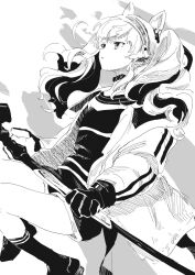 Rule 34 | 1girl, angelina (arknights), animal ear fluff, animal ears, arknights, closed mouth, gloves, greyscale, hairband, highres, holding, jacket, kinutani yutaka, long hair, long sleeves, looking away, monochrome, open clothes, open jacket, puffy long sleeves, puffy sleeves, shirt, short shorts, shorts, socks, solo, twintails, white background