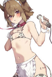 Rule 34 | 1boy, animal ears, animal print, apron, arknights, armpit crease, bikini, bikini top only, bison (arknights), blush, body writing, brown eyes, brown hair, bulge, collar, commentary request, cow ears, cow horns, cow print, cowboy shot, erection, erection under clothes, hair between eyes, highres, horns, leash, looking at viewer, maid headdress, male focus, navel, parted lips, price tag, short hair, simple background, solo, standing, stomach, swimsuit, thighhighs, trap, waist apron, white background, wrist cuffs, yoruhachi
