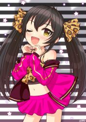 Rule 34 | 1girl, animal print, black hair, blush, commentary, eyelashes, hair between eyes, hair ribbon, hands up, heart, heart hands, highres, idolmaster, idolmaster cinderella girls, jacket, jewelry, leopard print, long hair, long sleeves, looking at viewer, matoba risa, navel, necklace, one eye closed, open clothes, open jacket, open mouth, pink jacket, pink skirt, ribbon, sidelocks, skirt, smile, solo, star (symbol), stomach, striped, striped background, tank top, thighs, twintails, wgm oekaki, yellow eyes, zipper