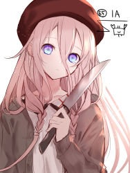 Rule 34 | 1girl, beret, blue eyes, brown jacket, character name, collarbone, collared shirt, eyebrows hidden by hair, hair between eyes, hand up, hat, head tilt, highres, holding, holding knife, ia (vocaloid), jacket, knife, long hair, long sleeves, looking at viewer, open clothes, open jacket, parted lips, pink hair, red hat, shirt, sleeves past wrists, solo, upper body, vocaloid, white shirt, yuuki kira