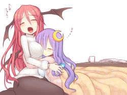 Rule 34 | 2girls, alternate costume, between breasts, blush, book, breast pillow, breast press, breasts, crescent, crescent hair ornament, cup, closed eyes, hair ornament, head between breasts, head wings, hug, koakuma, kotatsu, kuresento, large breasts, long hair, long sleeves, mug, multiple girls, multiple wings, open book, open mouth, pantyhose, patchouli knowledge, purple hair, red hair, ribbed sweater, sketch, sleeping, sweater, table, touhou, translated, wings, yuri, zzz