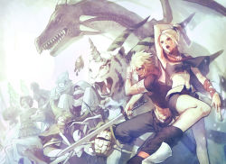Rule 34 | 1boy, 3girls, 6+others, animal, aruk, belt, blonde hair, bow, bow (weapon), cloak, closed mouth, copyright request, dragon, dress, floating, holding, holding bow (weapon), holding sword, holding weapon, horns, long sleeves, multiple girls, multiple others, navel, open mouth, pointy ears, ponytail, quiver, scabbard, sheath, single horn, sword, talisman, teeth, tiger, weapon, white tiger, wolf