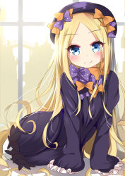 Rule 34 | 1girl, abigail williams (fate), arm support, black bow, black dress, black hat, blonde hair, bloomers, blue eyes, blush, bow, bridge, bug, butterfly, closed mouth, commentary, dress, fate/grand order, fate (series), hair bow, hat, head tilt, ikazu401, insect, long hair, long sleeves, looking at viewer, orange bow, parted bangs, polka dot, polka dot bow, sleeves past wrists, smile, solo, underwear, very long hair, white bloomers, window