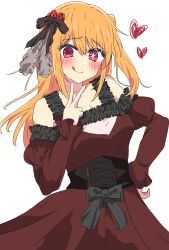 Rule 34 | + +, 1girl, black bow, black bowtie, blonde hair, blush, bow, bowtie, dress, frilled dress, frills, hair ornament, hand on own hip, highres, hoshino ruby, oshi no ko, red dress, red eyes, side ponytail, simple background, tongue, tongue out, uriumi sub, v, white background