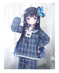 Rule 34 | 1girl, :o, ahoge, aoi nabi, arm up, black hair, blue eyes, blurry, blurry background, blush, butterfly hair ornament, collarbone, collared shirt, commentary, depth of field, deyui, frilled sleeves, frills, grey pajamas, grey pants, grey shirt, hair ornament, hairclip, hand on own hip, highres, indie virtual youtuber, long hair, long sleeves, open mouth, pajamas, pants, plaid, plaid pajamas, plaid pants, plaid shirt, puffy long sleeves, puffy sleeves, shirt, signature, solo, standing, teeth, upper teeth only, very long hair, virtual youtuber, x hair ornament