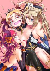 Rule 34 | 3girls, abyss beer, anklet, bare shoulders, black legwear, black leotard, blonde hair, blue eyes, blush, bradamante (fate), braid, breast poke, breasts, choker, collarbone, crown braid, crying, detached sleeves, dress, earrings, elbow gloves, elizabeth bathory (fate), elizabeth bathory (halloween caster) (fate), ereshkigal (fate), fang, fate/extra, fate/grand order, fate (series), girl sandwich, gloves, hair between eyes, heart, heart-shaped pupils, highres, hoop earrings, horns, infinity symbol, jewelry, leotard, licking, long hair, medium breasts, multiple girls, nipples, open mouth, parted bangs, pink background, pink hair, pointy ears, poking, red eyes, red ribbon, ribbon, sandwiched, simple background, single thighhigh, small breasts, smile, spine, symbol-shaped pupils, thighhighs, thighs, tiara, topless, twintails, two side up, very long hair, wavy mouth, yuri