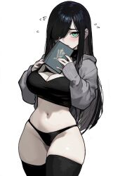 aria_wintermint black_hair black_panties book borrowed_character green_eyes hair_over_one_eye highres navel pale_skin panties rusellunt simple_background solo the_crawling_city thick_thighs thighs thong underwear white_background