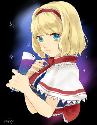 Rule 34 | 1girl, 80yakky, alice margatroid, artist name, blonde hair, blue eyes, capelet, cocktail glass, cup, drinking glass, fingernails, gradient background, hairband, hand on own chest, highres, light smile, lolita hairband, looking at viewer, ribbon, sash, short hair, solo, sparkle, touhou, upper body