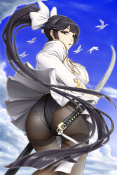 Rule 34 | 1girl, ass, azur lane, black hair, bow, breasts, brown eyes, clothes lift, day, from behind, gloves, hair bow, hair flaps, highres, holding, holding sword, holding weapon, iro, katana, large breasts, long hair, looking at viewer, looking back, military, military uniform, panties, panties under pantyhose, pantyhose, ponytail, sideboob, skirt, skirt lift, smile, solo, sword, takao (azur lane), underwear, uniform, upskirt, very long hair, weapon