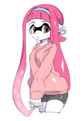 Rule 34 | 1girl, artist request, blush, breasts, brown eyes, hairband, inkling player character, looking at viewer, nintendo, pink hair, pointy ears, shorts, simple background, solo, splatoon (series)