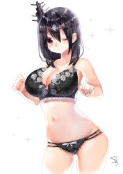Rule 34 | 1girl, bad id, bad pixiv id, black hair, blush, bra, breasts, cleavage, eyelashes, hair ornament, headgear, highres, kantai collection, lace, lace-trimmed bra, lace-trimmed panties, lace trim, large breasts, makeup, nail polish, navel, one eye closed, panties, red eyes, short hair, signature, simple background, solo, sparkle, underwear, viwop, white background, yamashiro (kancolle)