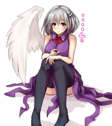 Rule 34 | 1girl, :/, absurdres, adapted costume, amagi (amagi626), angel wings, bare shoulders, black thighhighs, blush, bow, bowtie, braid, breasts, closed mouth, collared dress, commentary request, dress, eyelashes, feathered wings, french braid, furrowed brow, half updo, highres, jacket, unworn jacket, kishin sagume, large breasts, looking at viewer, no shoes, one-hour drawing challenge, purple dress, red bow, red bowtie, red eyes, short hair, silver hair, simple background, single wing, sitting, sleeveless, sleeveless dress, solo, sweatdrop, thighhighs, touhou, translation request, upturned eyes, white background, wing collar, wings