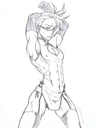 Rule 34 | 10s, 1boy, abs, absurdres, armpits, arms up, carnibal0380, crossdressing, covered erect nipples, garter straps, glasses, gloves, highres, kiznaiver, looking at viewer, male focus, monochrome, muscular, nipples, open mouth, panties, pectorals, short hair, solo, sweat, tenga hajime, thighhighs, underwear, white background