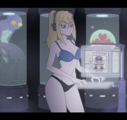 Rule 34 | 1girl, animated, animated gif, blonde hair, blue eyes, bra, breasts, closed mouth, collarbone, commentary, encasement, english commentary, english text, frown, headphones, heart, high ponytail, holographic interface, kyde, large breasts, letterboxed, long hair, mario (series), metroid, metroid (creature), navel, nintendo, panties, ponytail, samus aran, sidelocks, solo focus, space pirate (metroid), swaying, typing, underwear, underwear only, waluigi, wanted